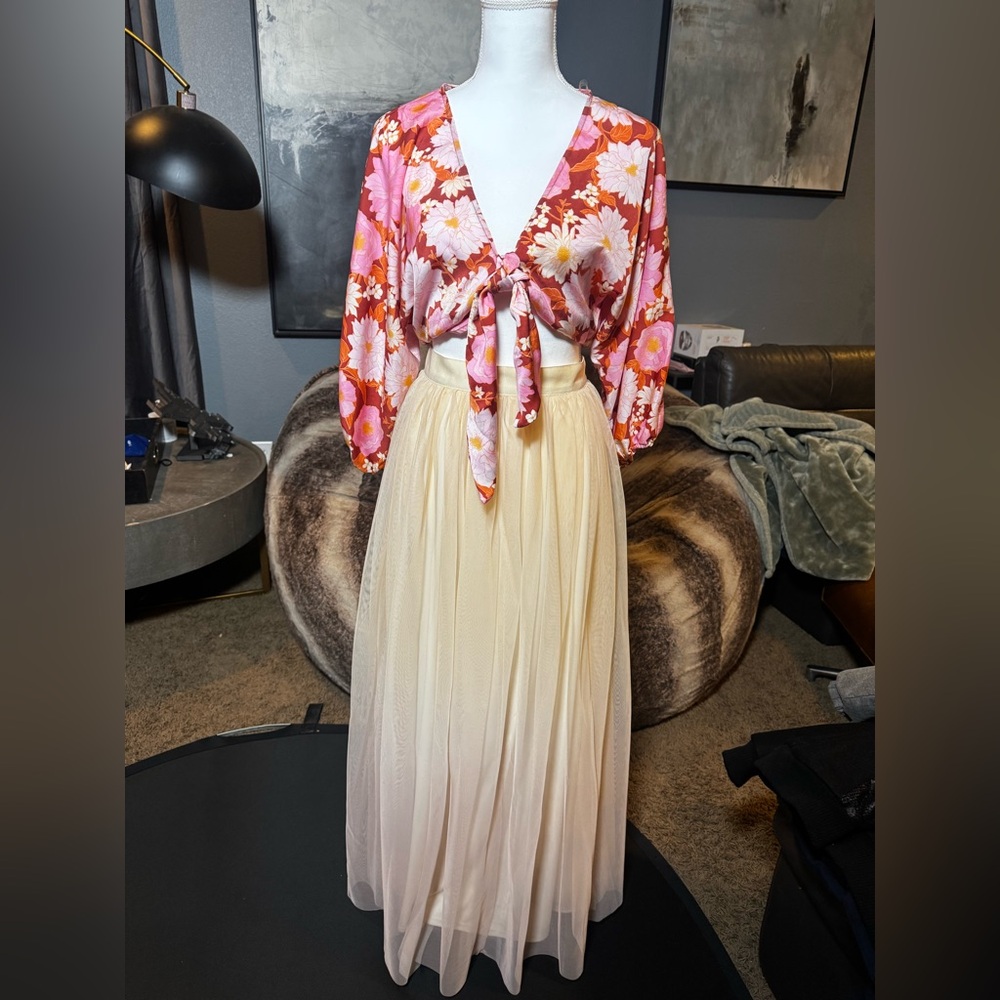 Lush Floral Tie Front Long Sleeve Crop Top Small Boho Retro - Picture 2 of 6